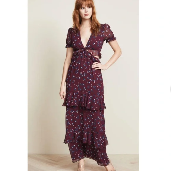 honey yellow maxi dress Umgee Floral Print Maxi Dress with Puff Sleeves in Black/Honey M